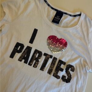 PINK Victoria's Secret White Sequin ‘I HEART PARTIES’ Tee